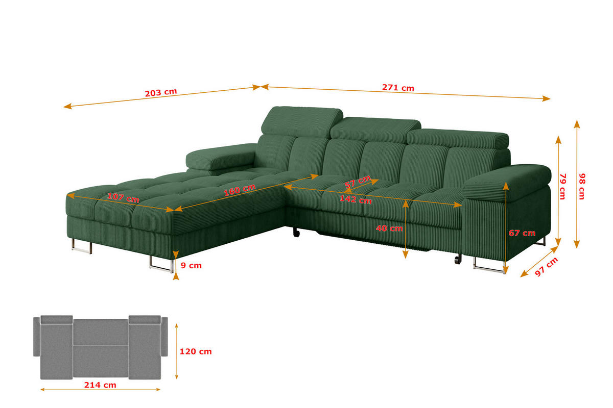 ECKSOFA mit Schlaffunktion Ottomane Links COMA L 271x203x79 Grün Cord - Waldgrün, Holzwerkstoff/Textil (271/203cm) - ALTDECOR