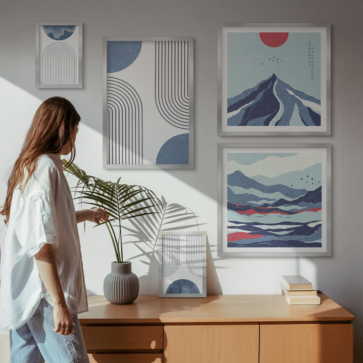 WANDBILDER 5er Set - 50x50 cm & 20x30 cm & 40x60 cm Silberner Rahmen - Zitronenbäume im Topf - Silberfarben, Kunststoff (40/60cm) - ArtPrintCave