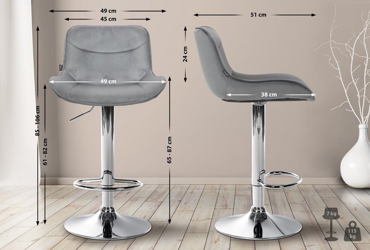 BARHOCKER 2er Set Vulcano Samt chrom grau - Chromfarben/Grau, Textil/Metall (49/106/51cm) - TPFLiving