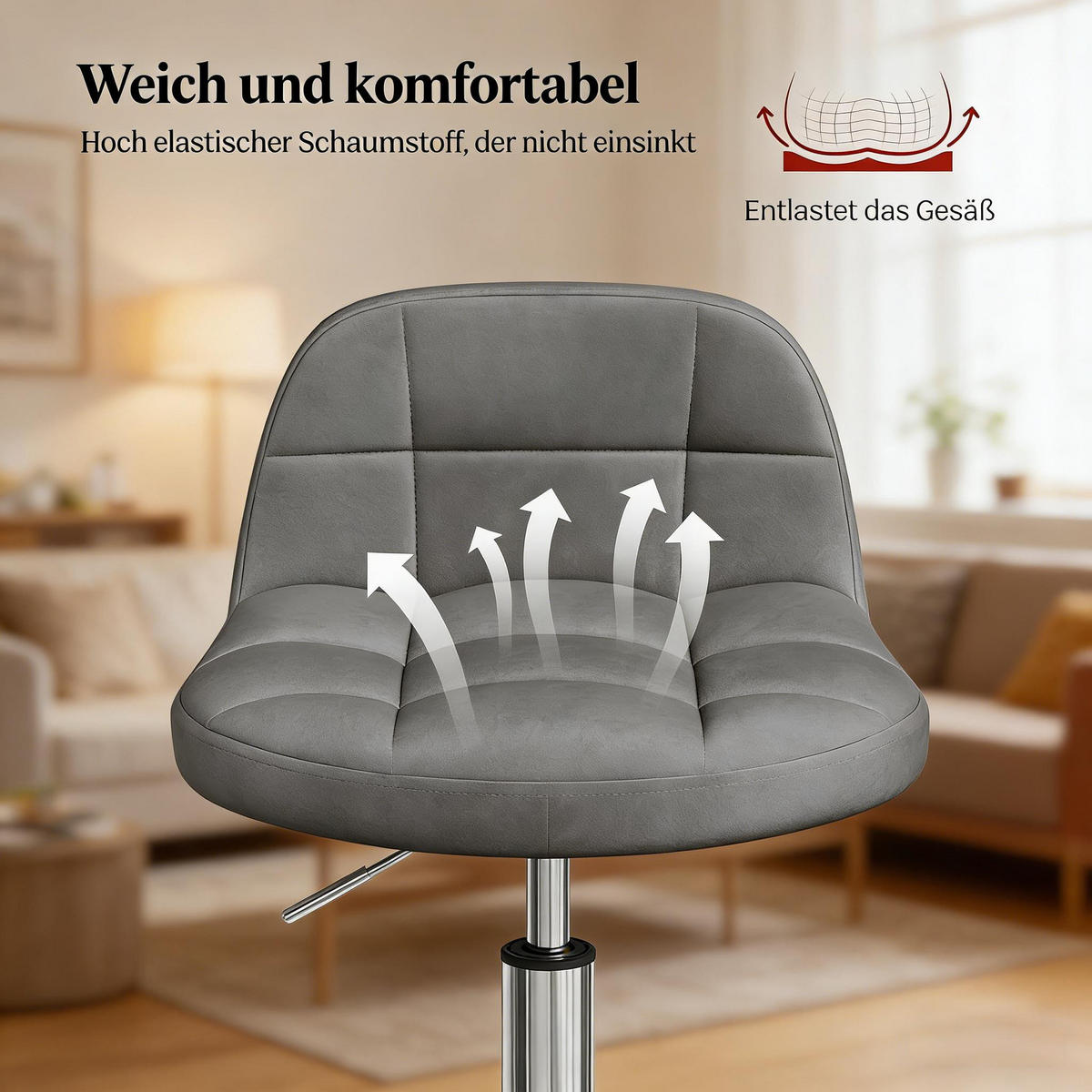 BÜROHOCKER DE-40851 mit Rollen höhenverstellbar 360° drehbar Dunkelgrau - Dunkelgrau, Metall (31/68/38cm) - ComfortXL
