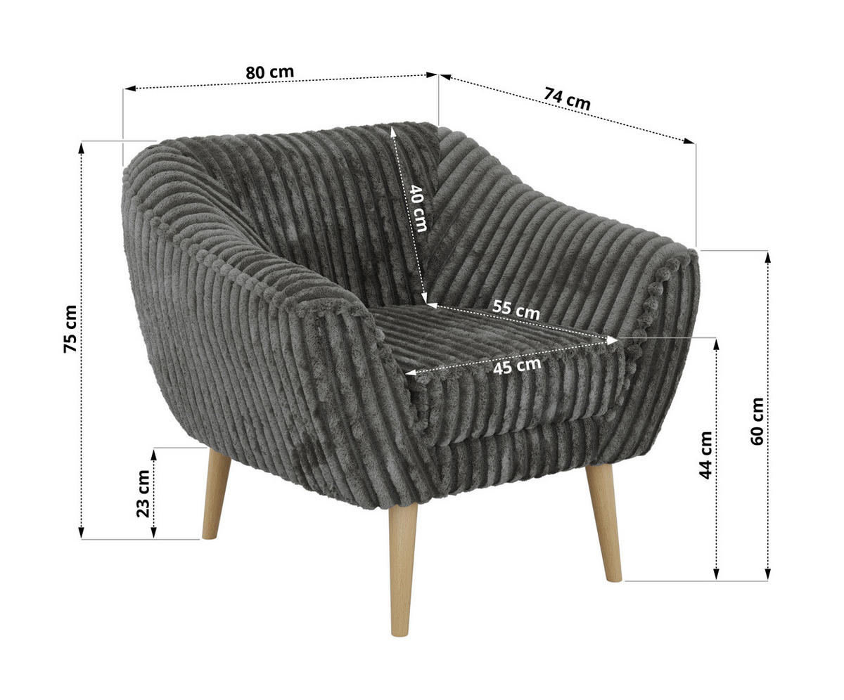 SESSEL PIRS - Grau Cord - Holzbeine - Buchefarben/Grau, Holzwerkstoff/Textil (80/75/74cm) - MKS