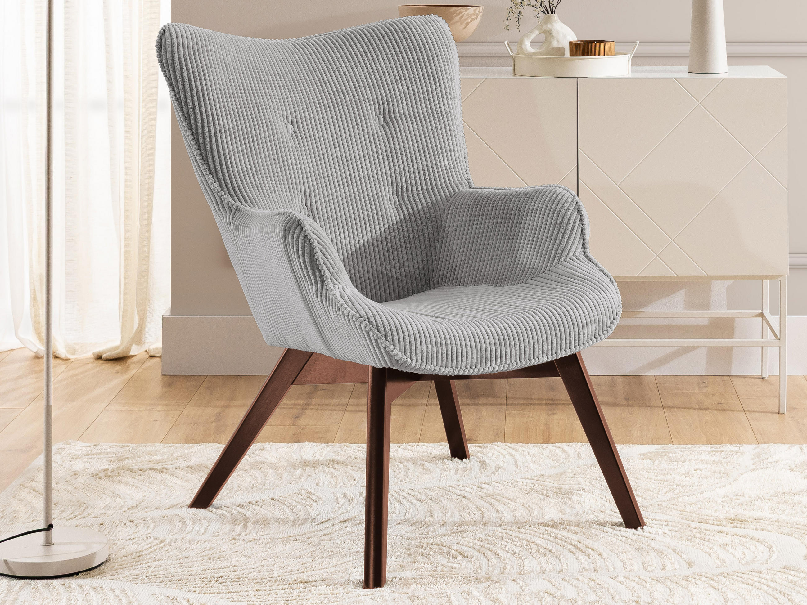 LOUNGESESSEL Lenari Hellgrau Cordstoff mit Füßen in Braun - Hellgrau/Braun, Holz/Textil (71/96/86cm) - S-Style Möbel
