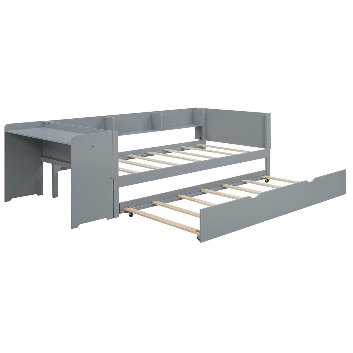 KINDERBETT 90/200 cm aus Kiefern mit Ausziehbett, Schreibtisch und 3 Regalen, Grau - Grau, Holzwerkstoff (90/200cm) - Redom