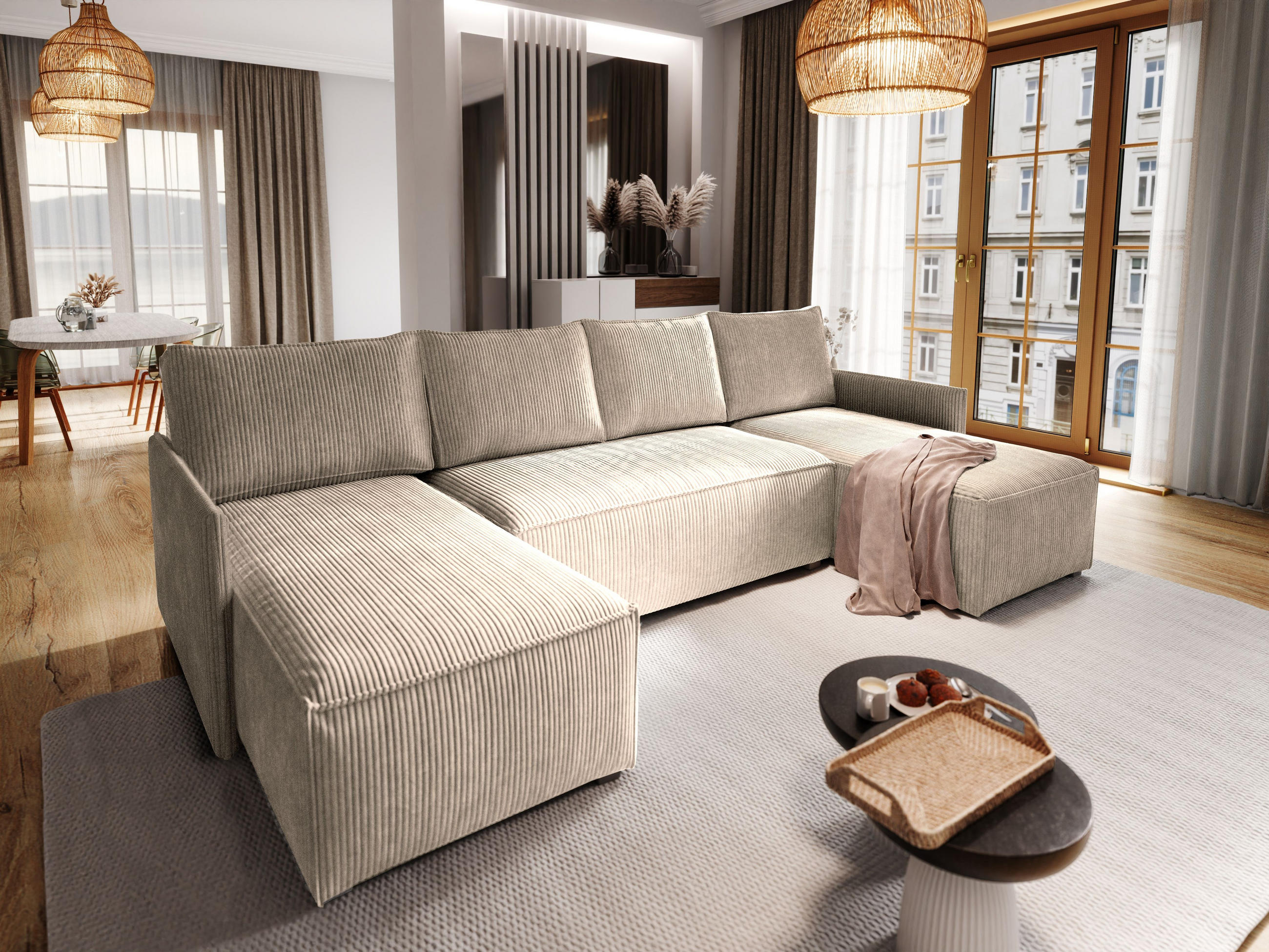 WOHNLANDSCHAFT TRES Beige Kordstoff mit Schlaffunktion - Beige, Holz (271/85/140cm) - MASSENO