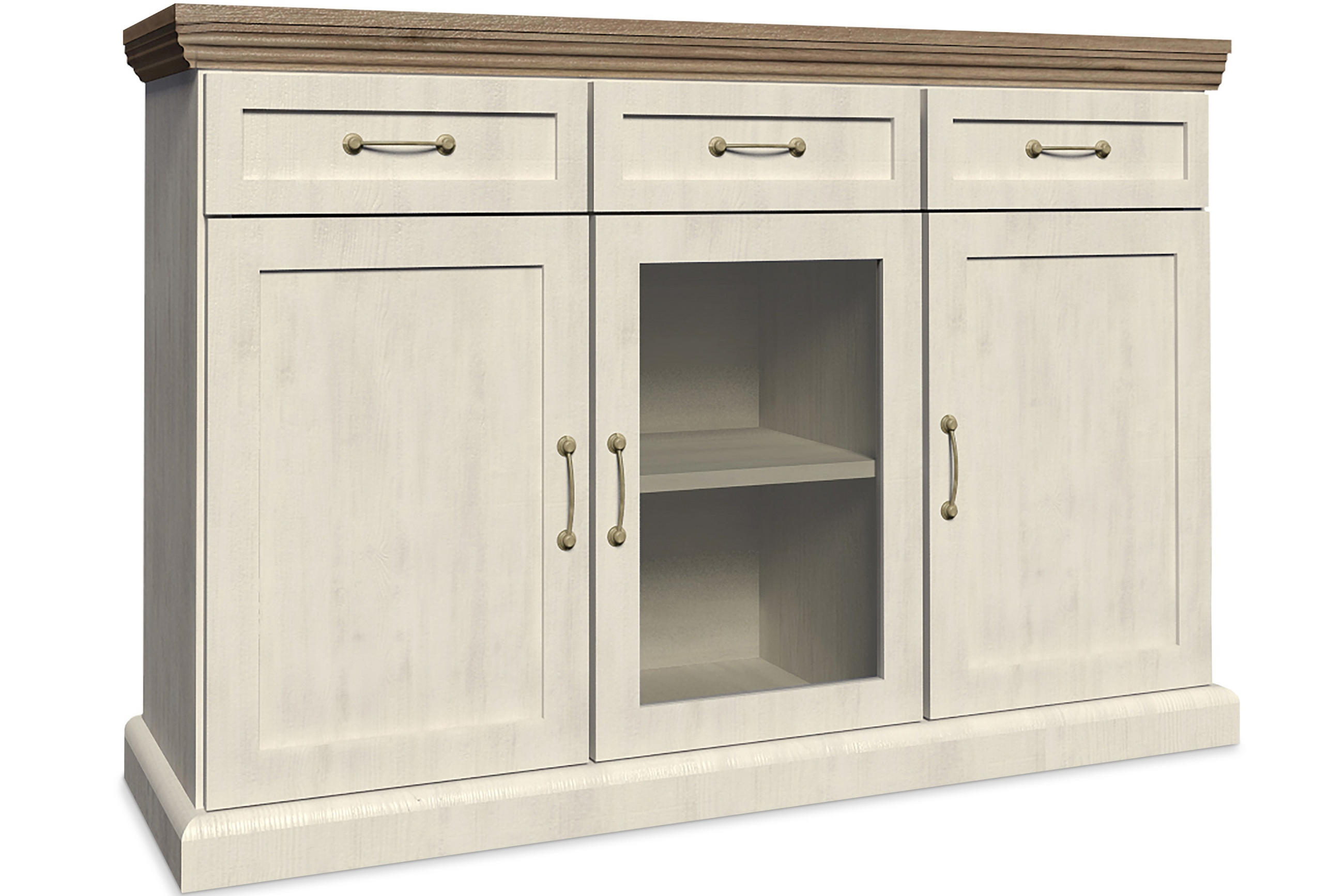 KOMMODE-MIT-VITRINENSCHRANK ARVEN mit Glastüren und Schubladen, Cremeweiß - Eichefarben/Creme, Holz (127/98/45cm) - KONSIMO®