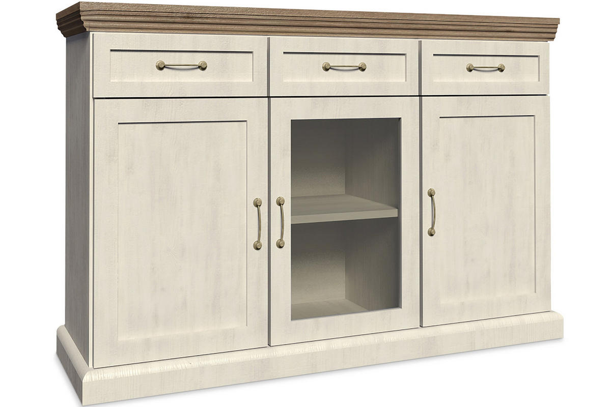 KOMMODE-MIT-VITRINENSCHRANK ARVEN mit Glastüren und Schubladen, Cremeweiß - Eichefarben/Creme, Holz (127/98/45cm) - KONSIMO®