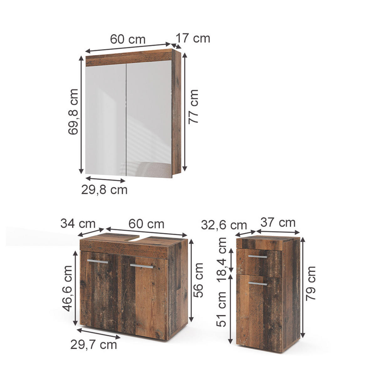 BADMÖBEL-SET Luna Oldstyle 3 Teile - Braun, Holzwerkstoff (60/56/34cm) - Vicco