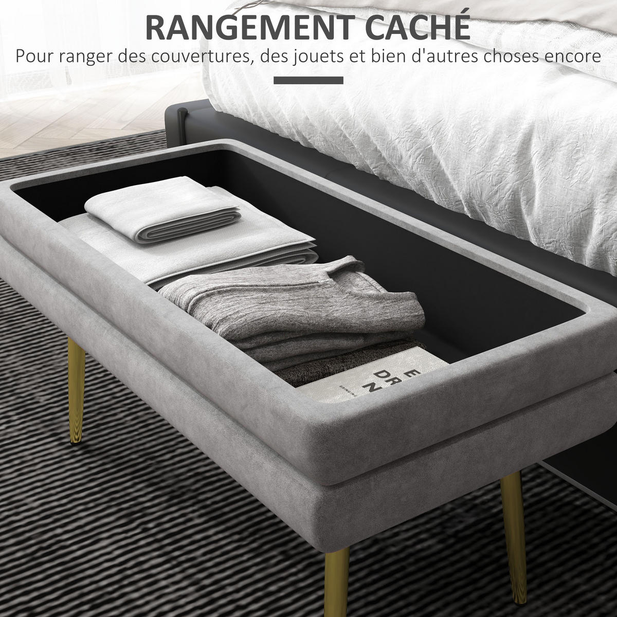 TRUHENBANK DE-16420 2-in-1 mit Stauraum und Samtbezug Grau/Gold - Grau, Textil (79.5/43/37.5cm) - ComfortXL