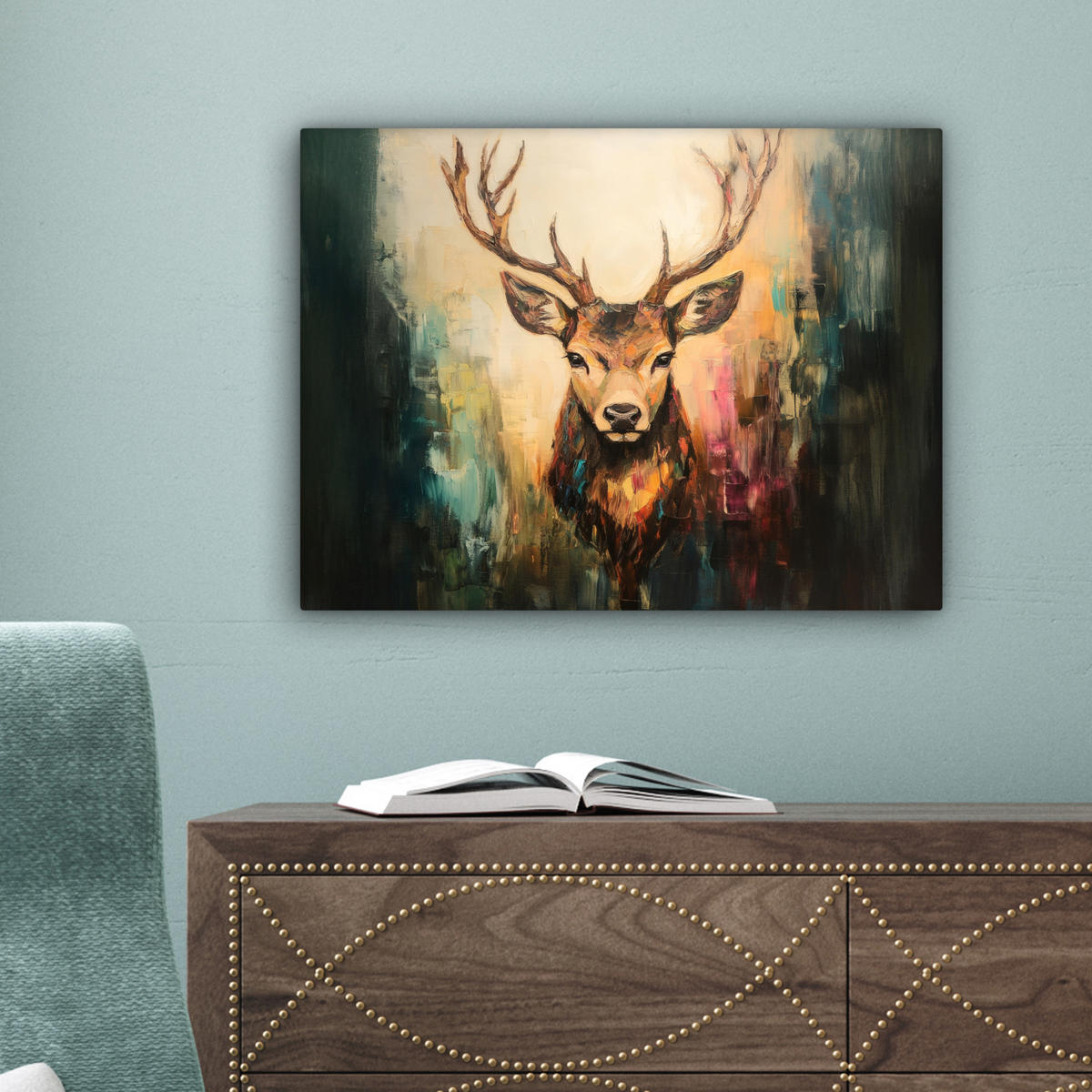 LEINWANDBILD Hirsch - Gemalt - Geweih - Braun 40x30 cm - Haselnussfarben, Textil (40/30cm) - MuchoWow