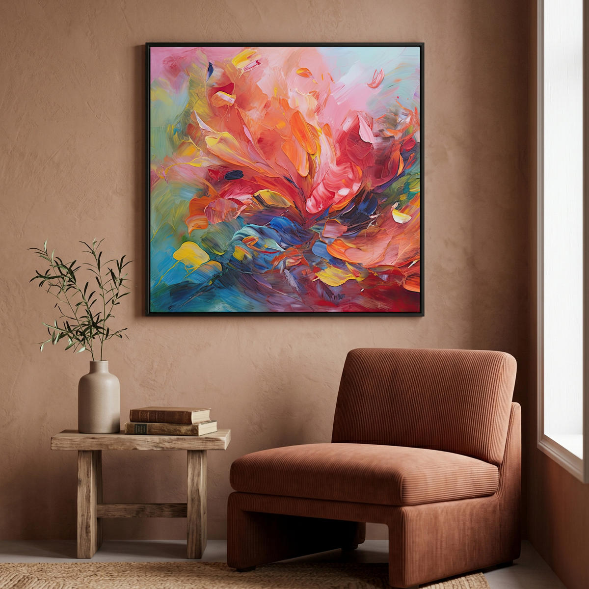 LEINWAND Bilder mit Rahmen - Ölgemälde - Kunst - Abstrakt - Farbenfroh - 90x90 - Altrosa, Textil (90/90cm) - MuchoWow