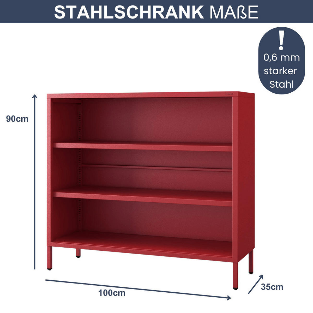 KOMMODE Metall offen LUCA 4 Ebenen 90x100x35cm Rot - Rot, Metall (100/90/35cm) - Jan Nowak