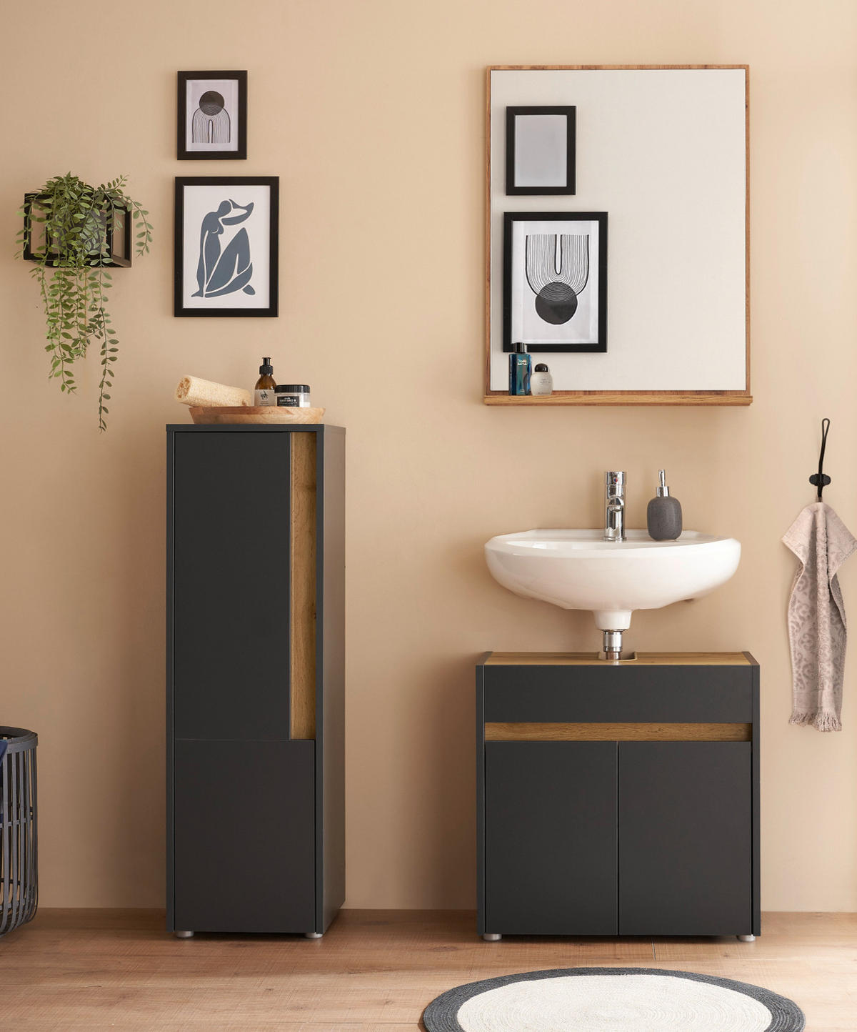 BADMÖBEL-SET 3-teilig grau matt, Wotan Eiche, Badkombination 114 cm - Eiche Wotan/Schwarz, Glas/Holzwerkstoff (116/200/34cm) - Furn.Design