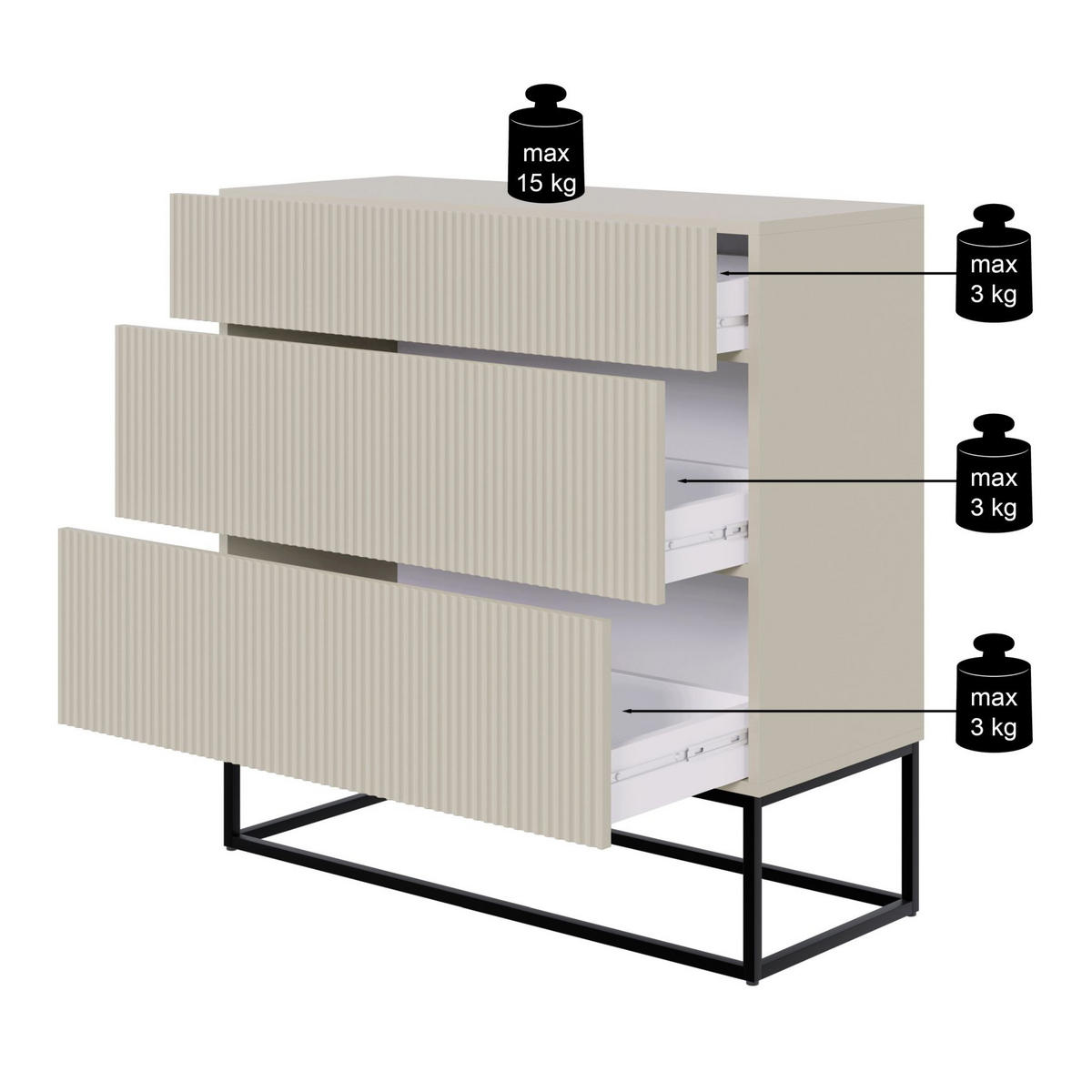 KOMMODE Veldio Graubeige mit schwarzen Beinen 90 cm - Taupe/Schwarz, Holzwerkstoff/Metall (90/90/38cm) - Selsey