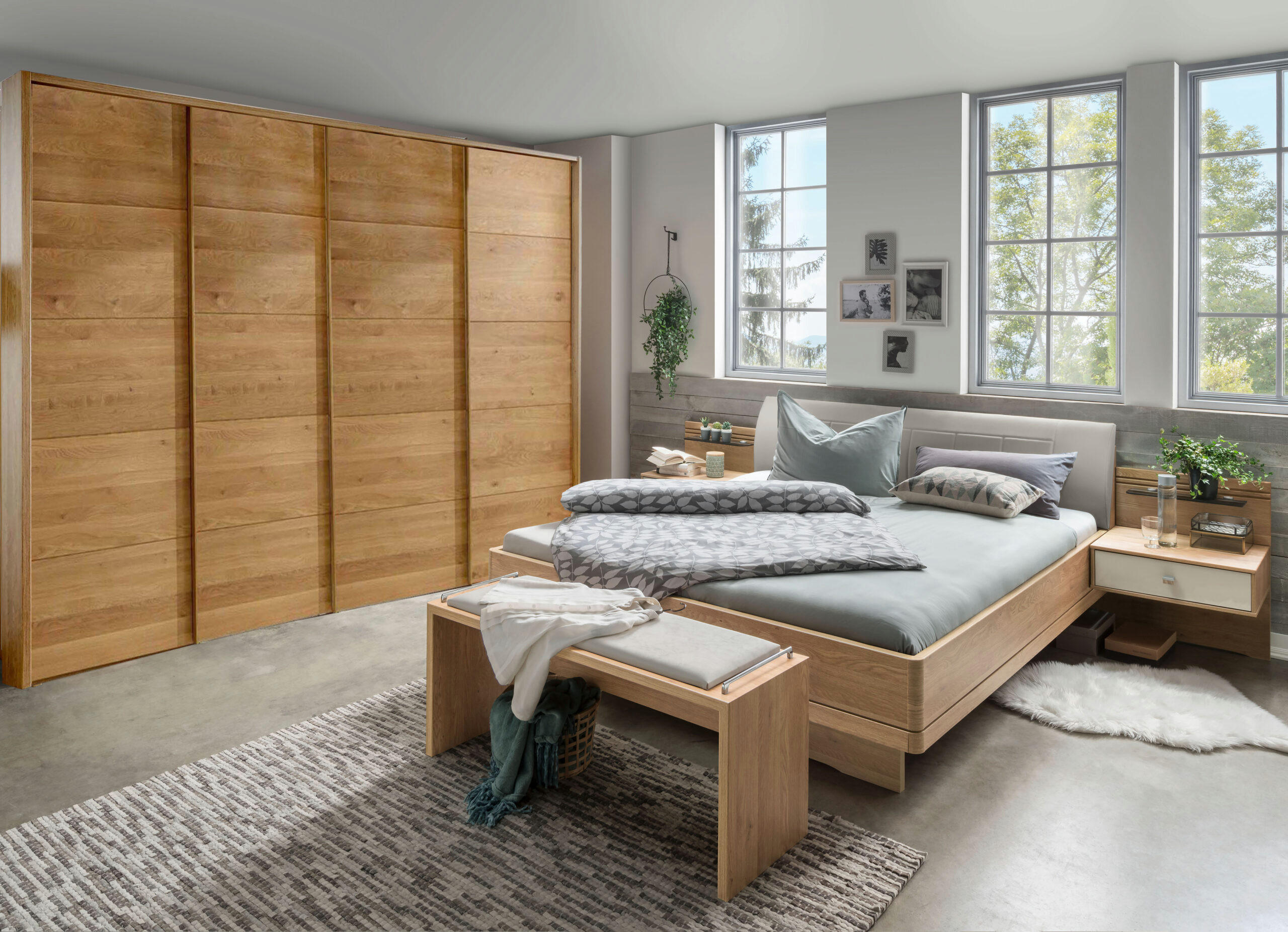 SCHLAFZIMMER Lenvara mit in Eiche 4-teilig mit Schwebetürenschrank mit Spiegel, Passepartout, zwei Nachttische und Komfortbett - Braun, Holzwerkstoff (80/200/120cm)