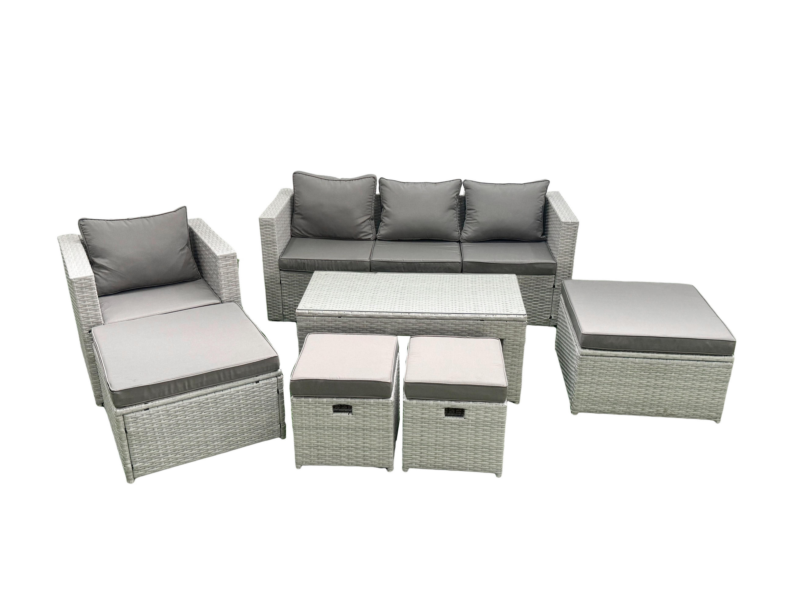 BALKONMÖBEL-SET Polyrattan Hellgrau-Mix 8-teilig - Hellgrau/Grau, Glas/Kunststoff - Fimous