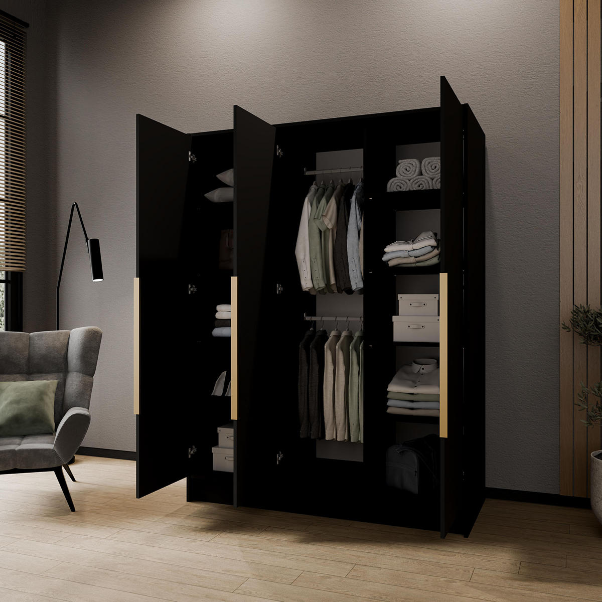 KLEIDERSCHRANK Mono Bis im Skandi-Stil, Drehtüren mit Goldene Metallgriffe, Schwarz 150/200/51 cm - Schwarz, Holzwerkstoff (150/200/51cm) - WFL GROUP