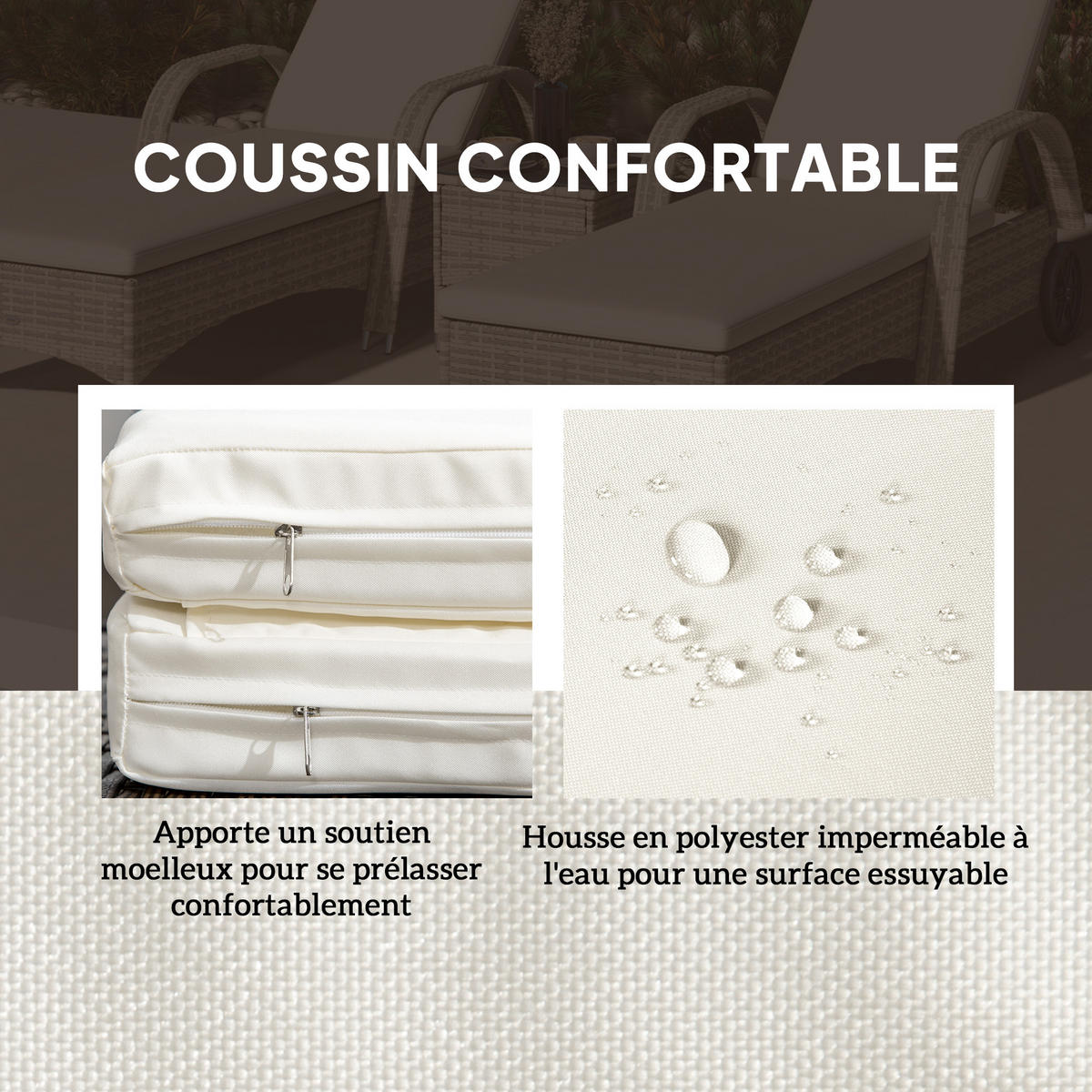SONNENLIEGE-SET DE-13617 2 Stück mit Tisch & Rollen Creme - Creme, Kunststoff/Metall (73/103/200cm) - ComfortXL
