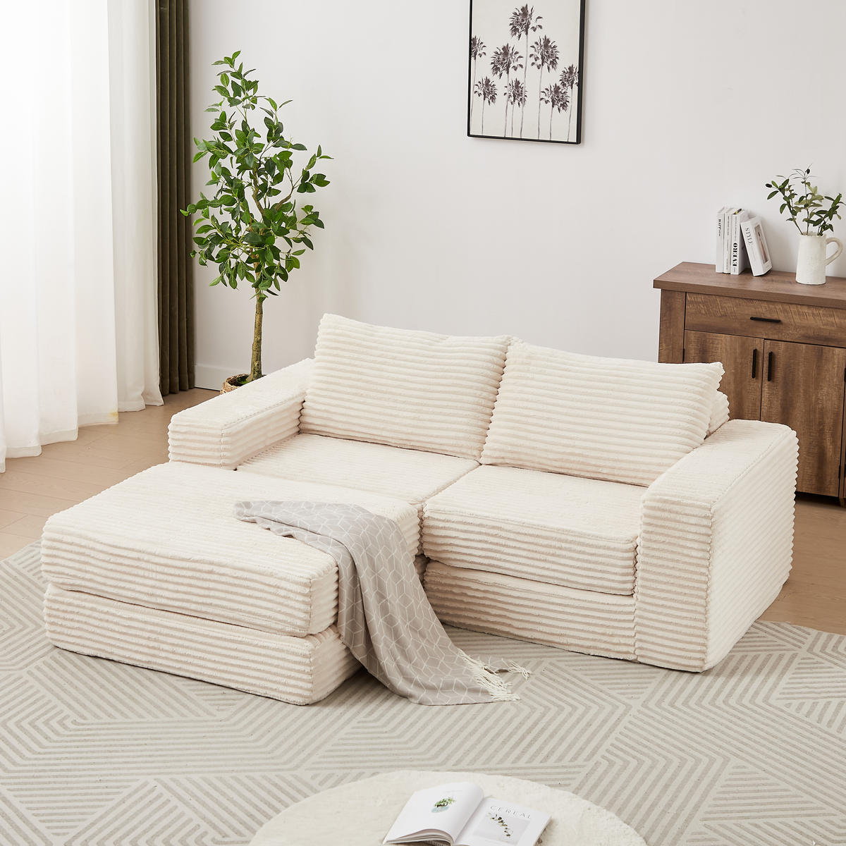 ECKSOFA in Beige aus Cord mit abnehmbarer Fußstütze - Beige, Holzwerkstoff/Textil (194/169.5cm) - CHICFURN