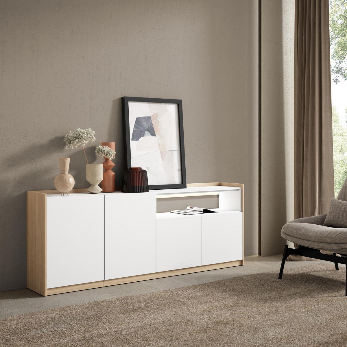 SIDEBOARD, Weiß und Eiche, 207/37/80cm, mit Led - Weiß, Holzwerkstoff (207/80/37cm) - Skraut Home