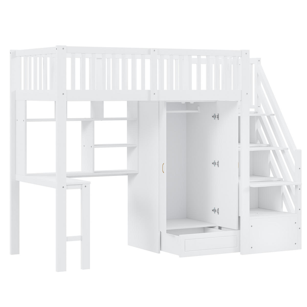 HOCHBETT 90/200 cm Weiß mit Kleiderschrank Tisch Stauraum Treppe aus Holz - Weiß, Holz (90/200cm) - OKWISH