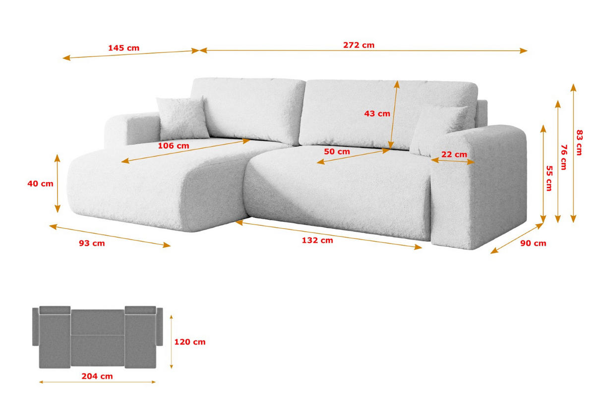 ECKSOFA mit Schlaffunktion und Bettkasten ORRO-L - 272x145x83 cm Weiß Bouclé - Schwarz/Weiß, Holzwerkstoff/Kunststoff (272/145cm) - ALTDECOR
