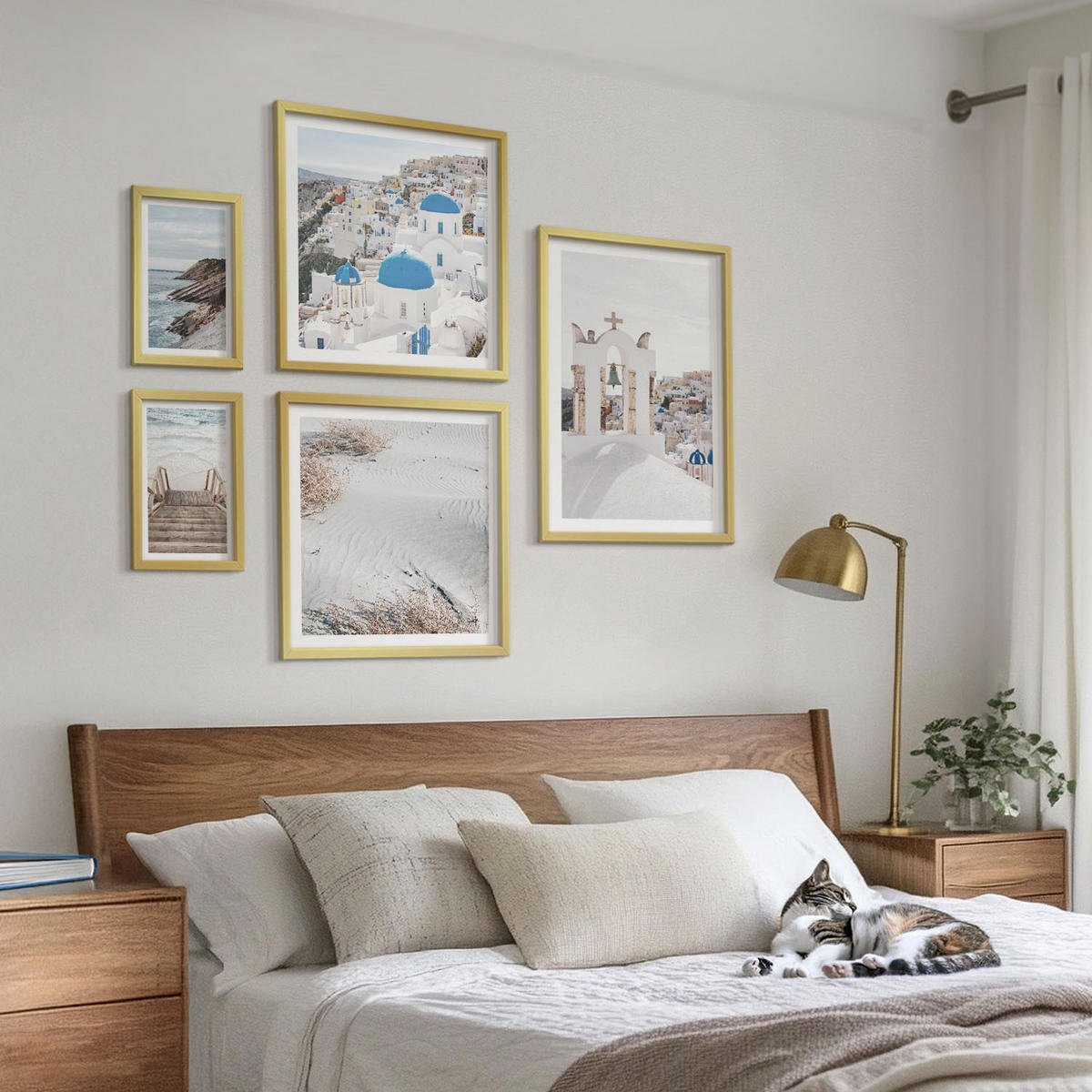 BILDER SET 5er Set - 50x50 cm & 20x30 cm & 40x60 cm Goldrahmen - Meeresarchitektur Santorin - Goldfarben, Kunststoff (40/60cm) - TULUP