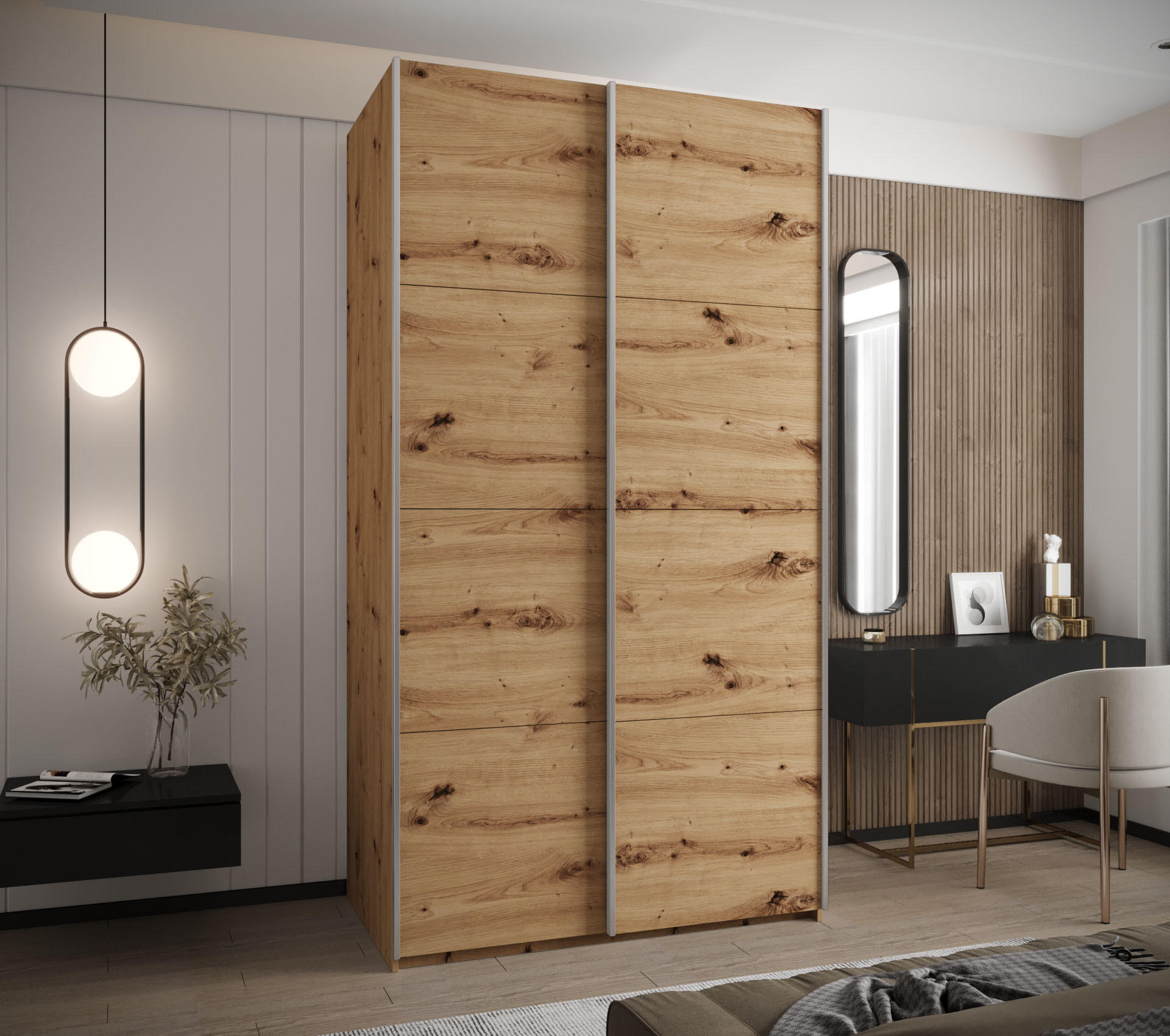 SCHWEBETÜRENSCHRANK 245,5/130/64 2-türig - Silberfarben/Eiche Artisan, Holz/Metall (130/245/64cm) - Abiks Möbel