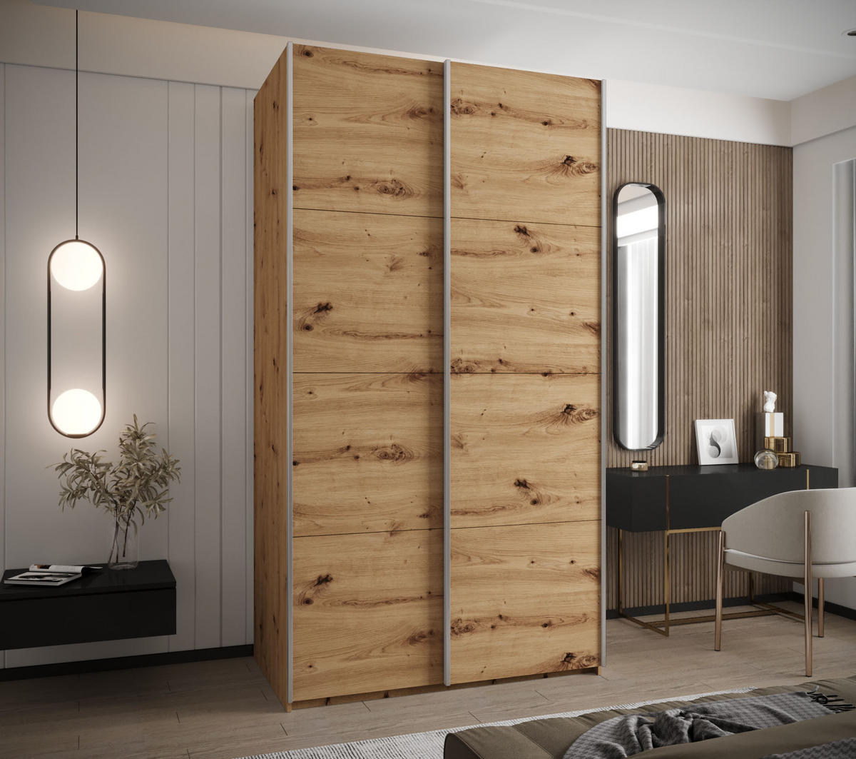 SCHWEBETÜRENSCHRANK 245,5/130/64 2-türig - Silberfarben/Eiche Artisan, Holz/Metall (130/245/64cm) - Abiks Möbel