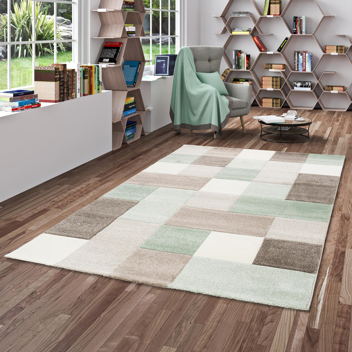 DESIGNER TEPPICH MAUI PASTELL GRÜN BEIGE KARO - Beige/Grün, Textil (80/150cm) - Pergamon
