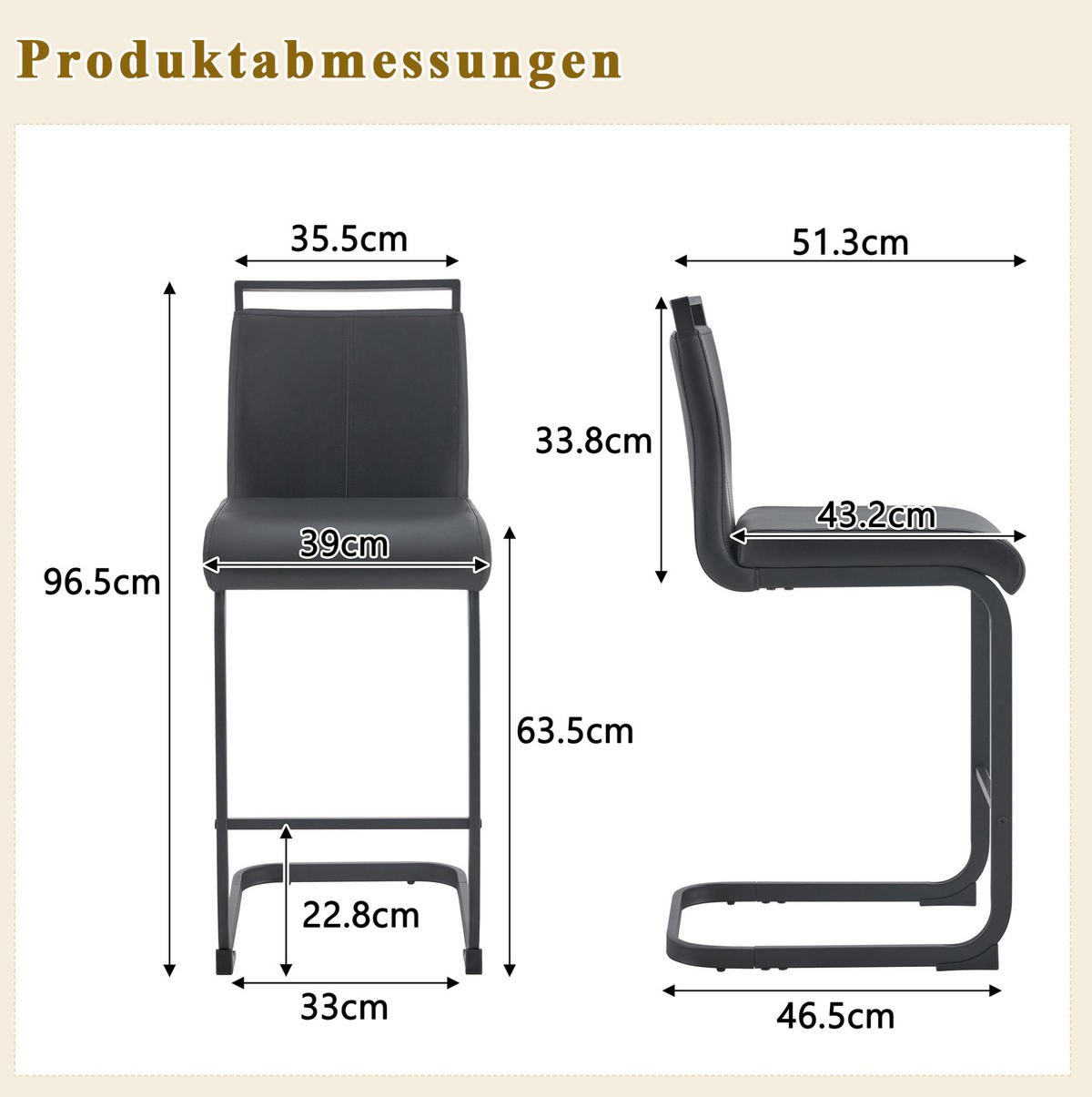 BARHOCKER 2er-Set mit Fußstütze Höhe 96,5 cm PU-Leder Schwarz - Schwarz, Metall (46.5/96.5/39cm) - Meubliv