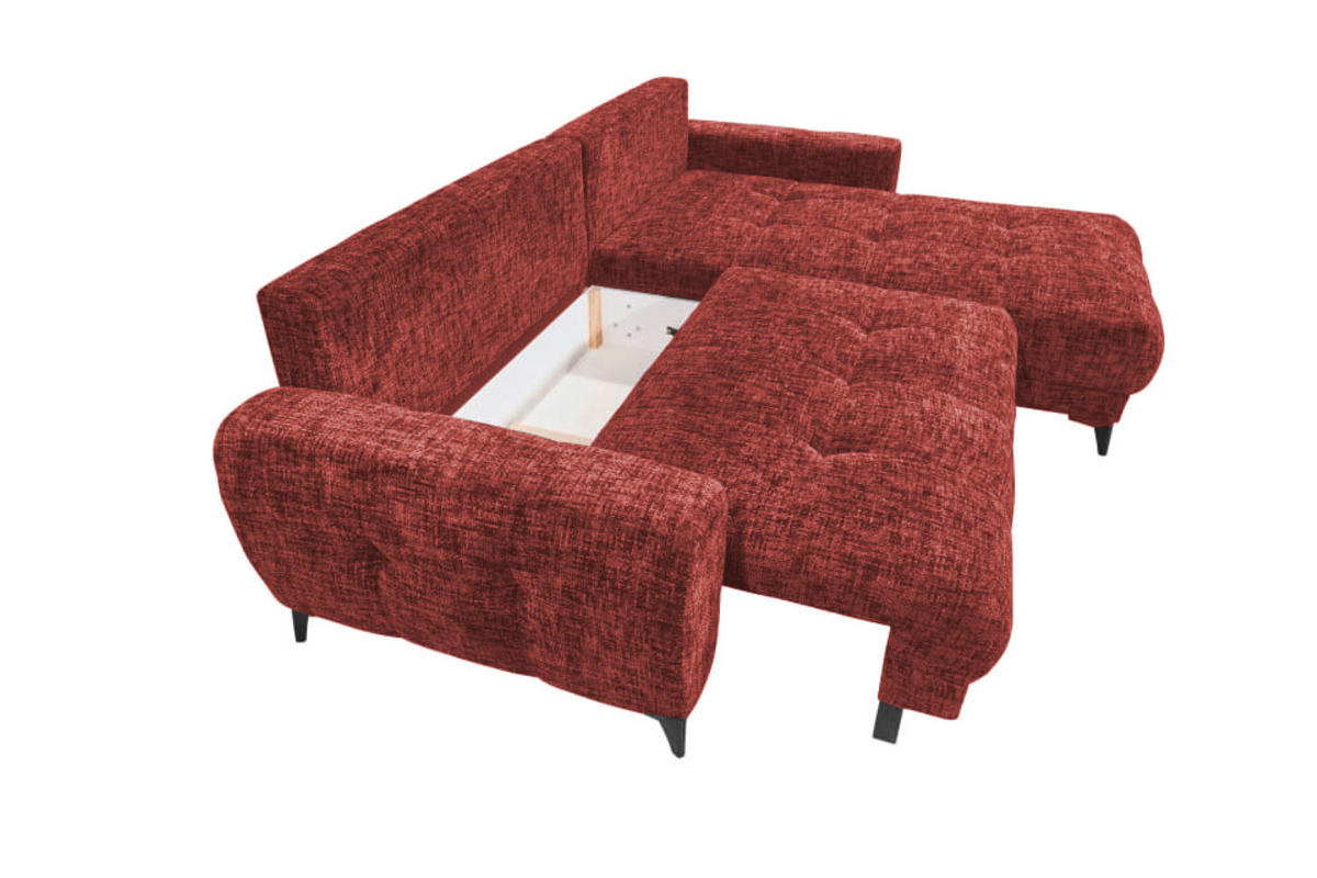 ECKSOFA beidseitig montierbar, Schlaffunktion mit Bettkasten - Rot/Schwarz, Textil/Metall (281/189cm) - ed exciting design