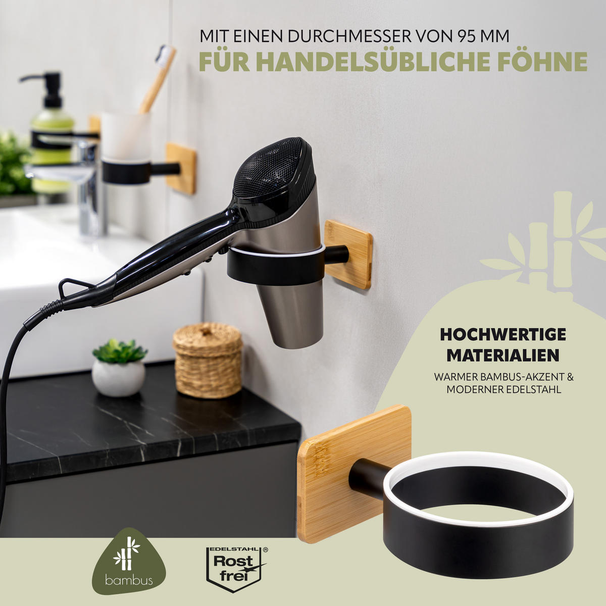 FÖHNHALTER PIAZZA BLACK TAPE BAMBUS, Edelstahl, Bambus, schwarz - Schwarz, Metall (10/6/14cm) - bremermann