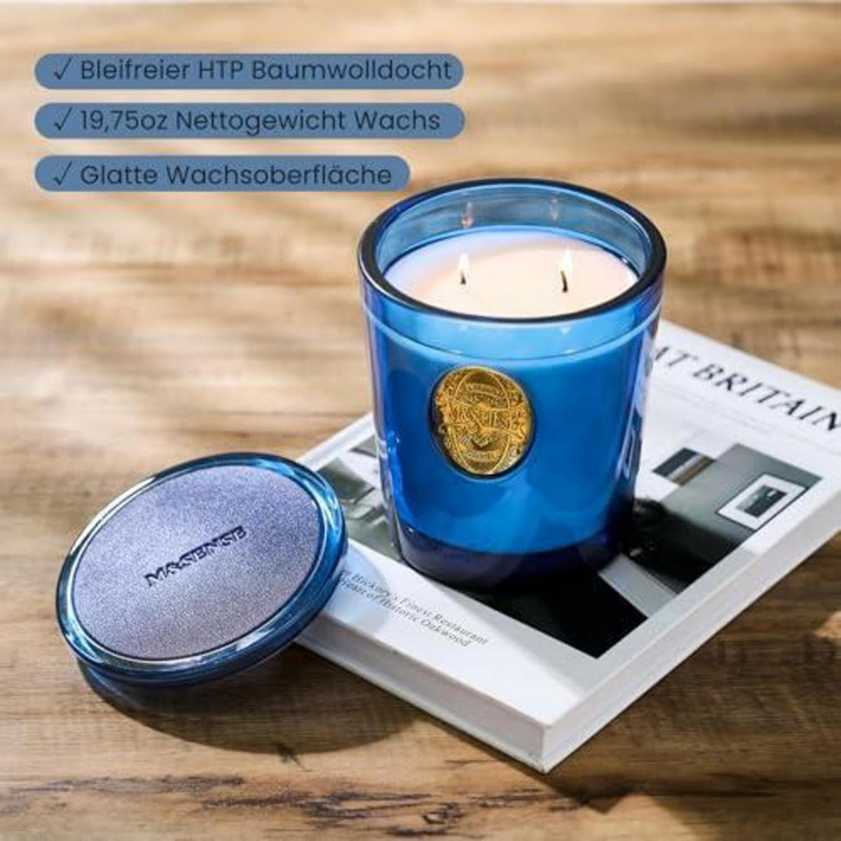 DUFTKERZE Ozean-Traum 560g 2-Docht 110h Brenndauer - Blau, Glas (10cm)