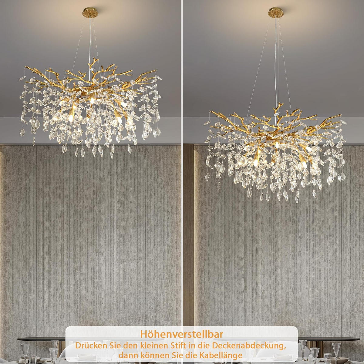 KRONLEUCHTER 76 cm K9‑Kristall Baumzweig Gold für Wohnzimmer und Schlafzimmer - Gelb, Naturmaterialien (74/39/29.5cm) - Surtime