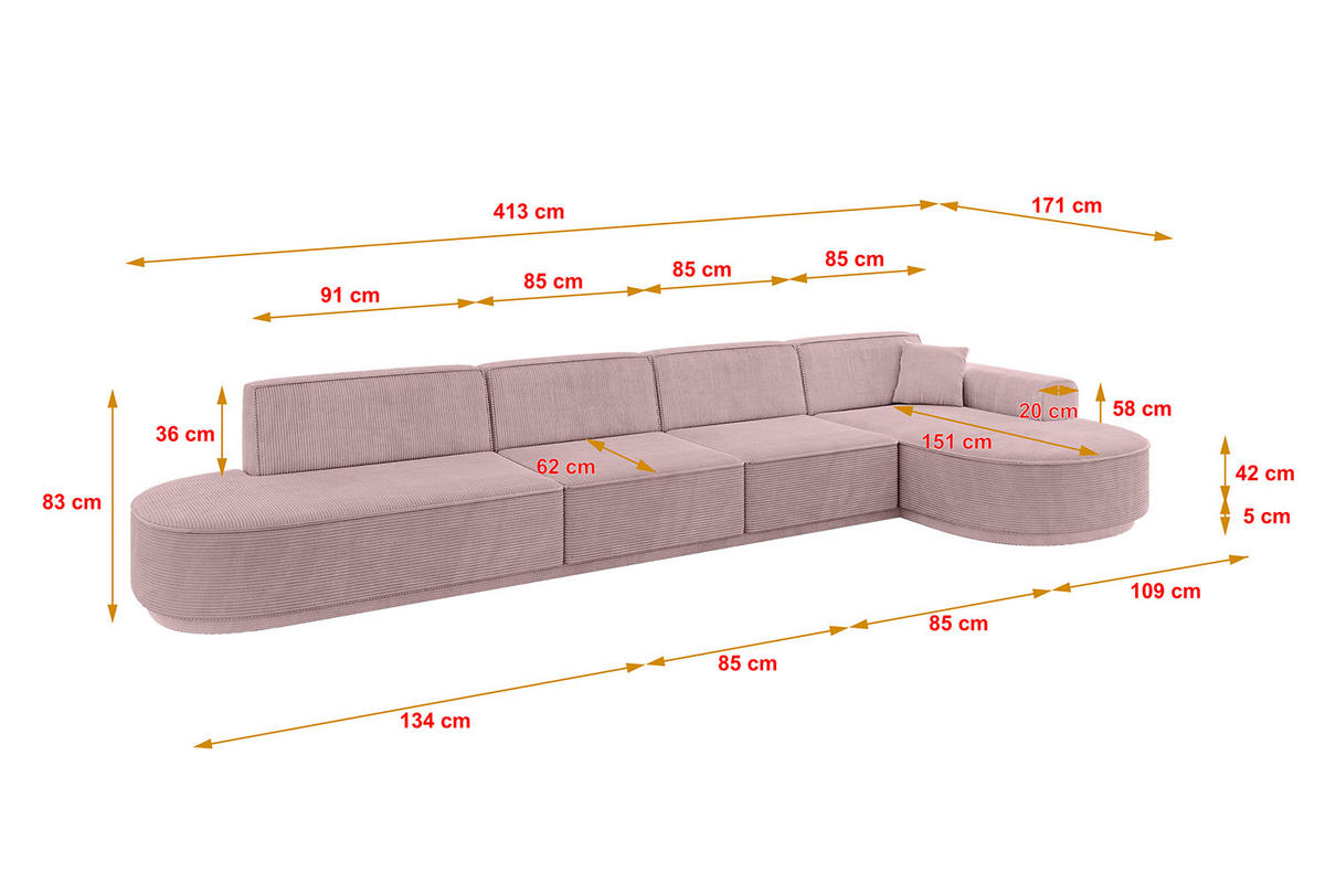 ECKSOFA Ottomane Rechts MARI-L3-v3 - 413x171x83 cm Rosa Cord - Schwarz/Rosa, Holzwerkstoff/Kunststoff (171/413cm) - ALTDECOR
