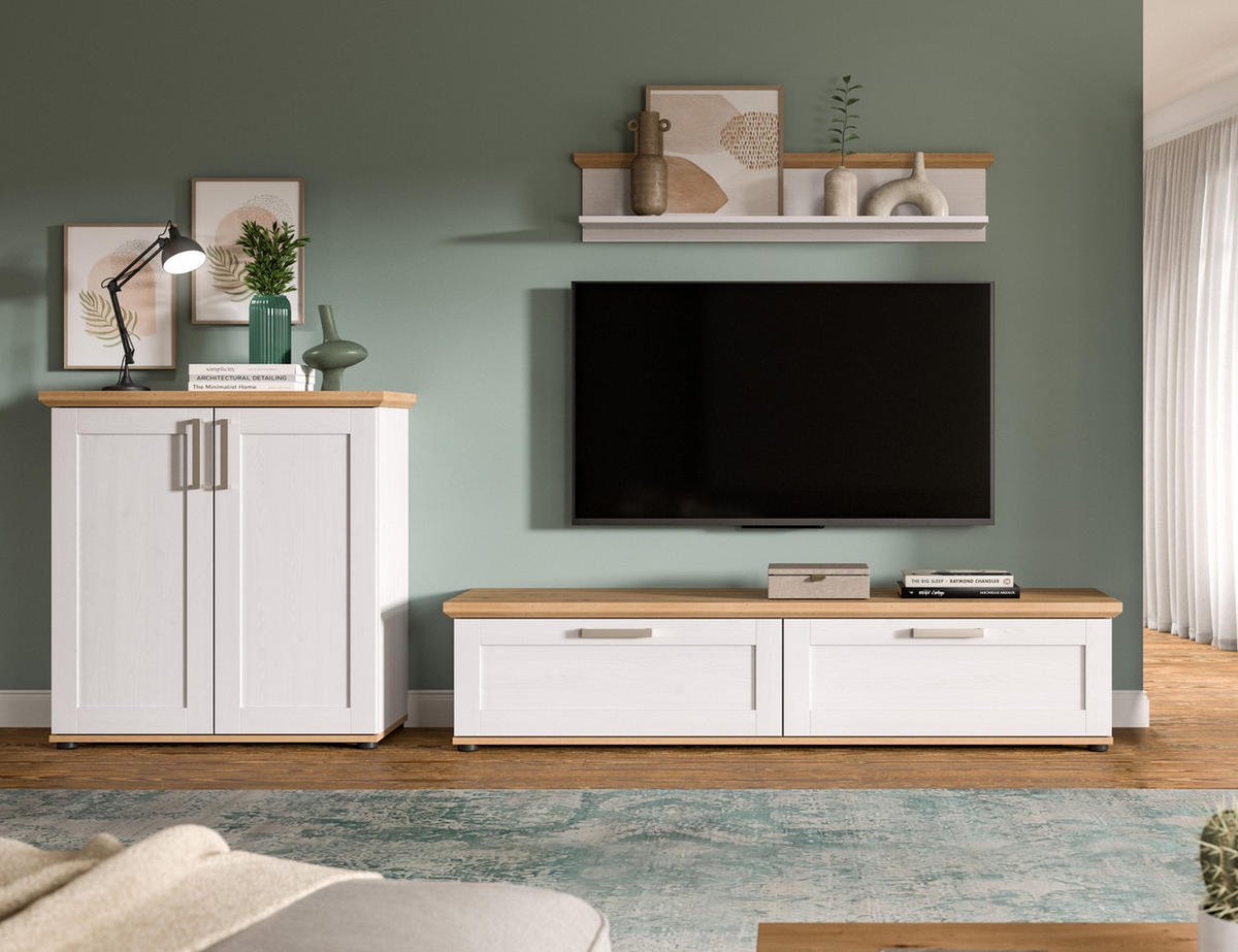 WOHNWAND 3-teilig weiß Lärche, Eiche Artisan 260 cm Landhaus, Schrankwand mit viel Stauraum - Silberfarben/Schwarz, Holzwerkstoff/Kunststoff (260/151/40cm) - Inn.Furn