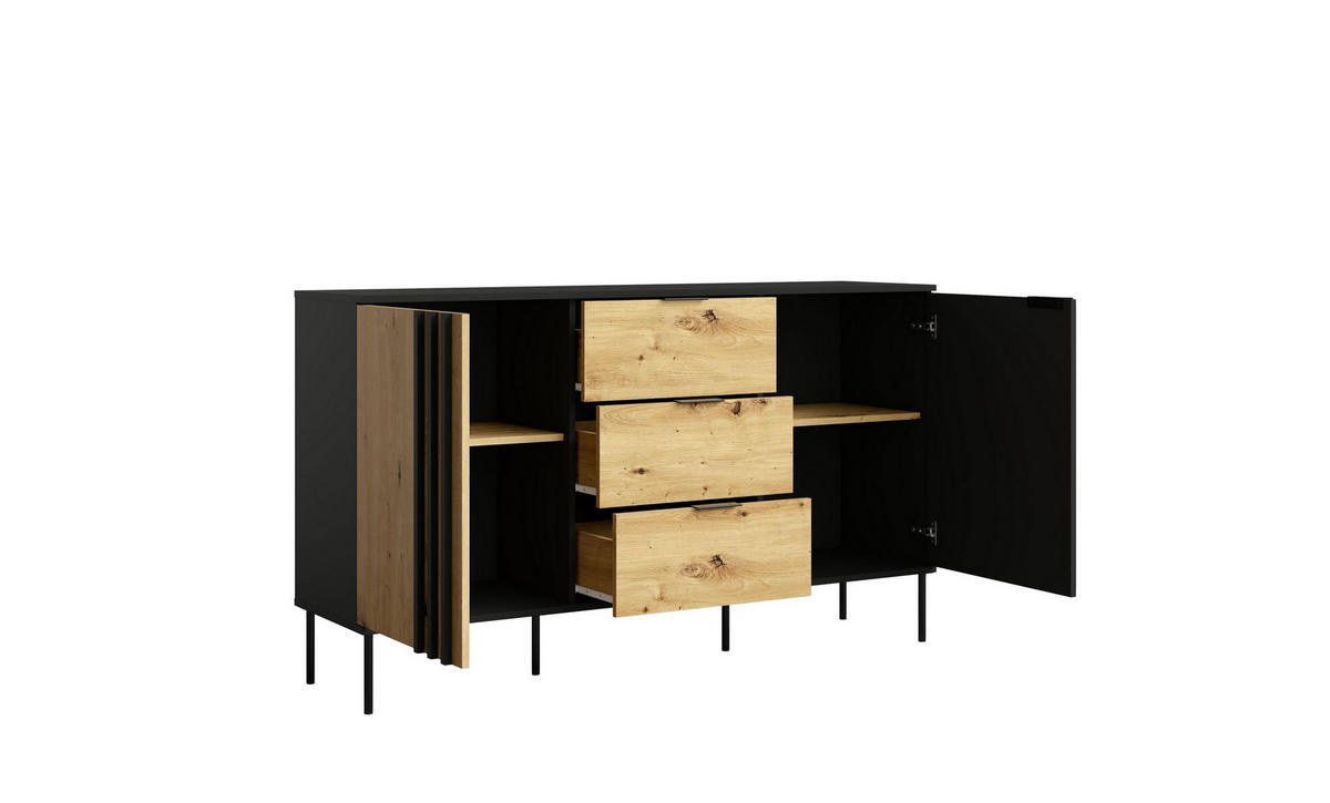 KOMMODE MERIDIAN 165,1/92/40cm mit 3 Schubladen 2 Türen Eichefarben - Eichefarben/Schwarz, Holzwerkstoff (165.1/92/40cm) - MASSENO
