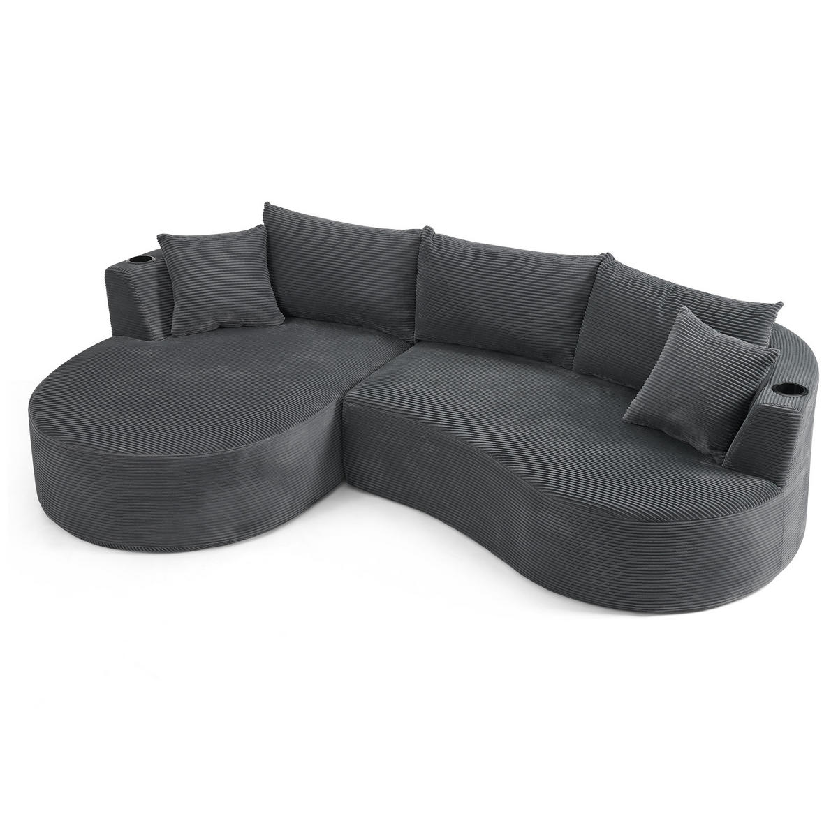 3-SITZER-SOFA mit Getränkehaltern, Kissen und bogenförmigem Design aus weichem Kordstoff, Grau - Grau, Kunststoff (264/76/168cm) - Redom