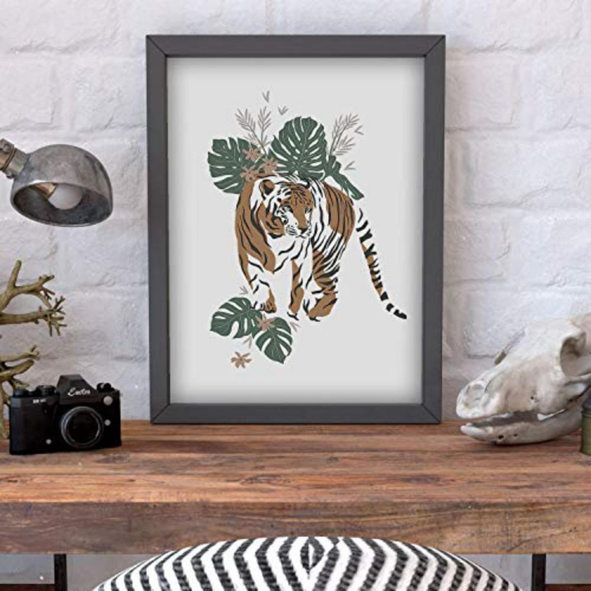 POSTER Set mit 4 tiere Tiger Leopard Tiere, Blumen und Pflanzen des Dschungels A3 Schwarzer Rahmen - Schwarz, Papier (29.7/3cm) - Nacnic