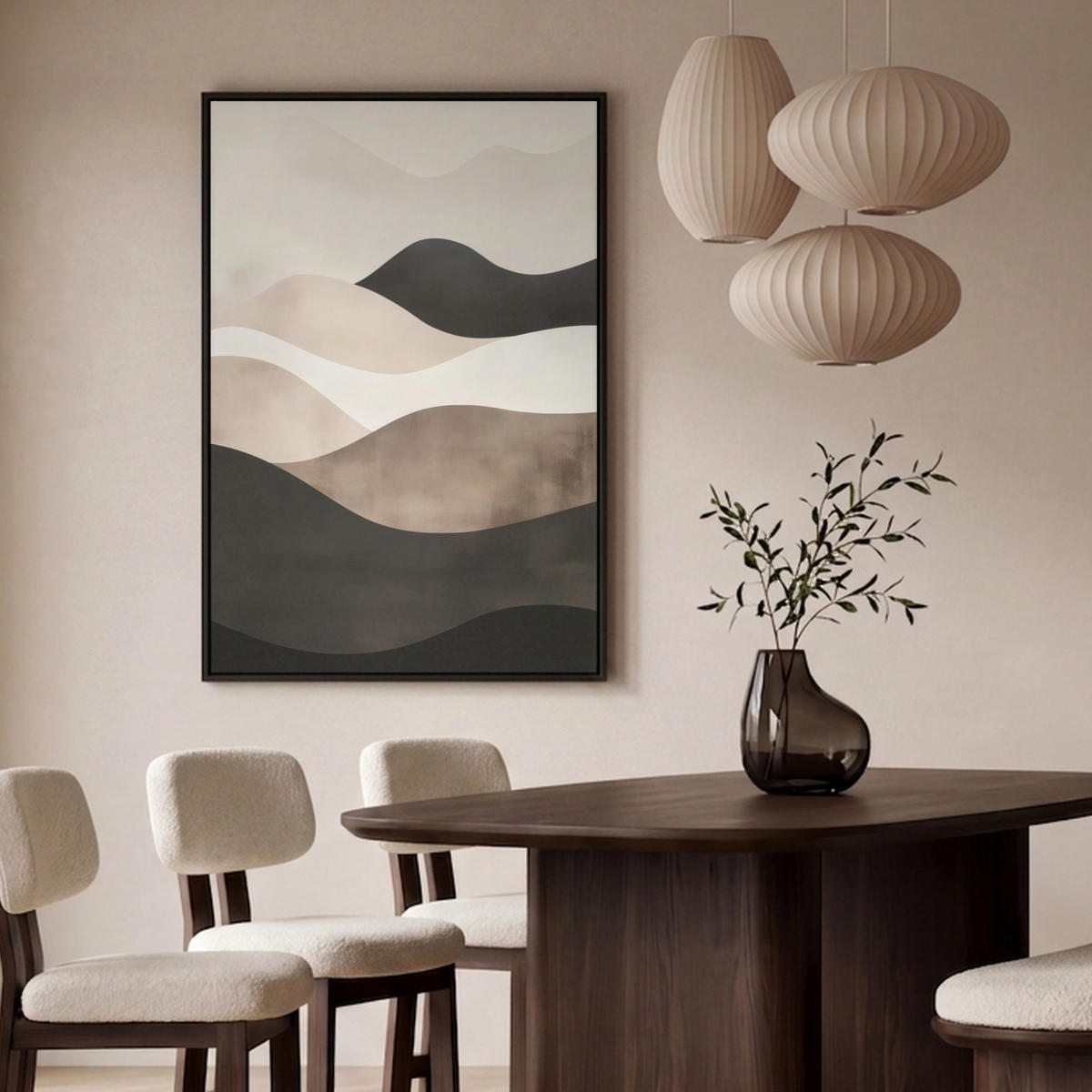 LEINWAND Bilder mit Rahmen - Abstrakt - Landschaft - Wellen - Cremefarben - 100x150 - Cappuccino, Textil (100/150cm) - MuchoWow