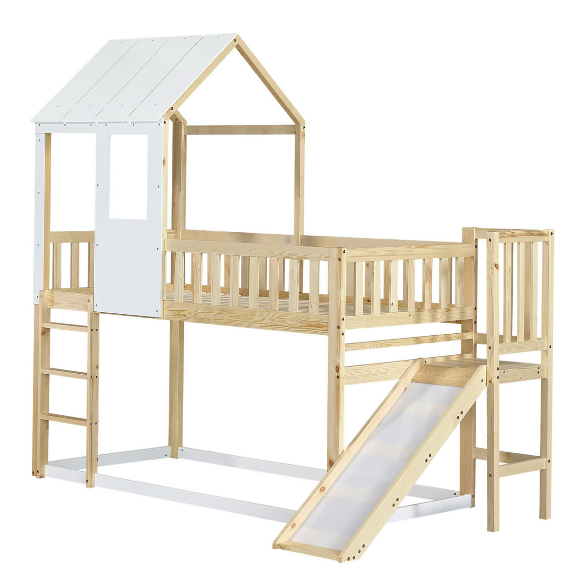 ETAGENBETT Hausbett mit Rutsche, Dach und Fenster, Natur/Weiß, 90/200 cm - Naturfarben, Holz (90/200cm) - MIVRAY