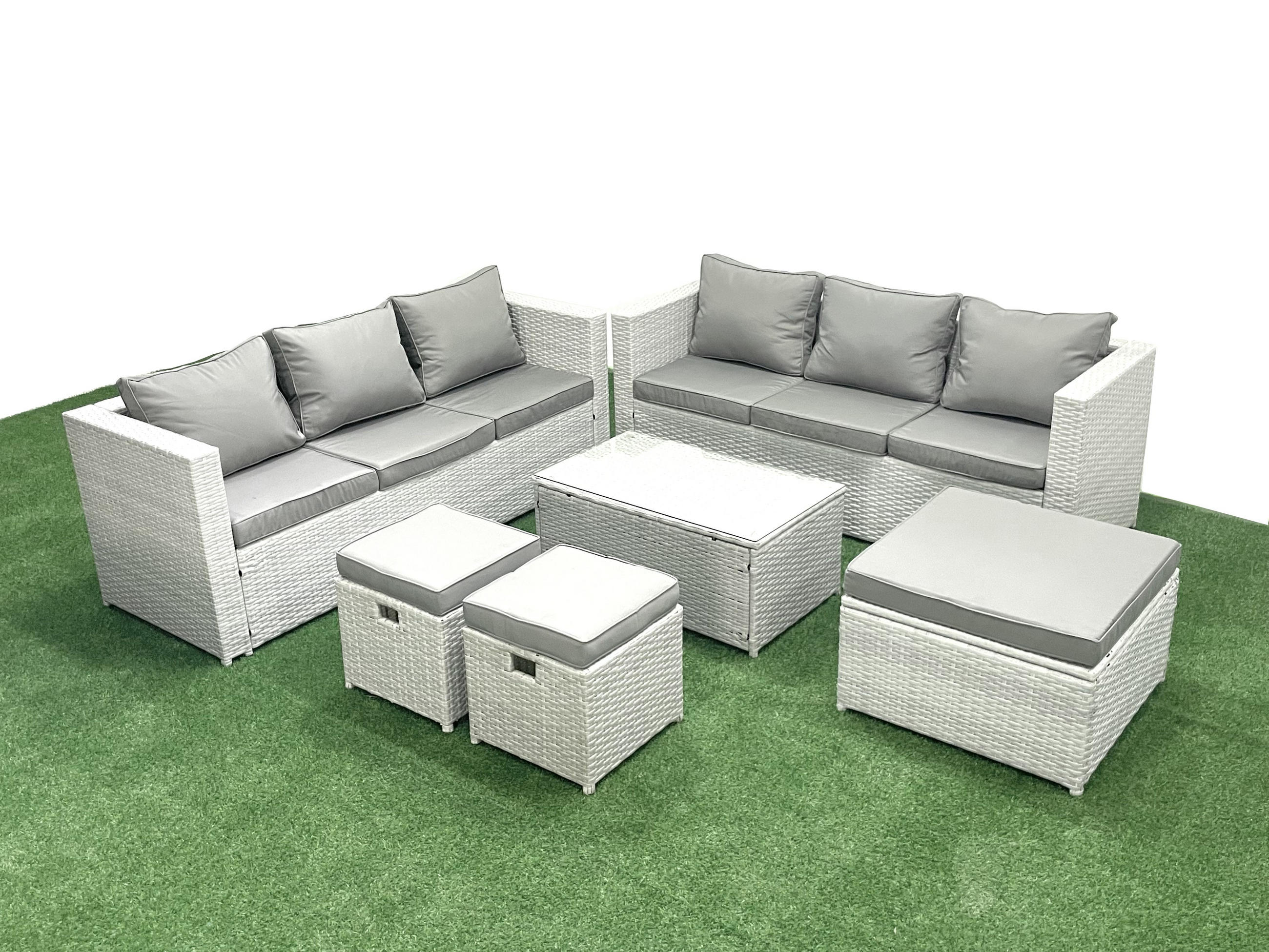 GARTENGARNITUR mit 3-SITZER SOFA,COUCHTISCH Polyrattan Hellgrau-Mix 9-Sitzer - Hellgrau/Grau, Glas/Kunststoff - Fimous