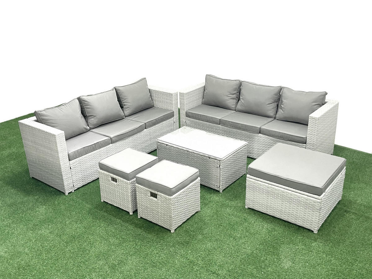 GARTENGARNITUR mit 3-SITZER SOFA,COUCHTISCH Polyrattan Hellgrau-Mix 9-Sitzer - Hellgrau/Grau, Glas/Kunststoff - Fimous