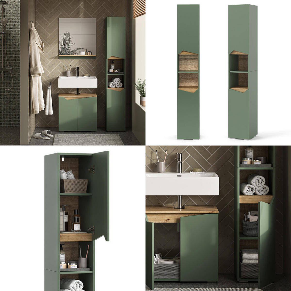 BADSCHRANK Marelle Grün/Artisan 30 x 180 cm mit Türen und offenen Fächern - Grün, Holzwerkstoff (30/180/35cm) - Vicco
