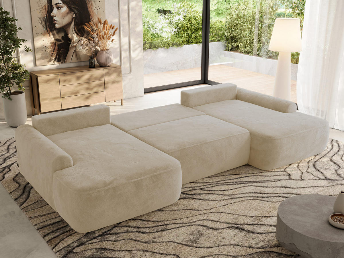 WOHNLANDSCHAFT CUBO U Creme Plüsch - Creme/Schwarz, Kunststoff/Textil (370/100/187cm) - MKS