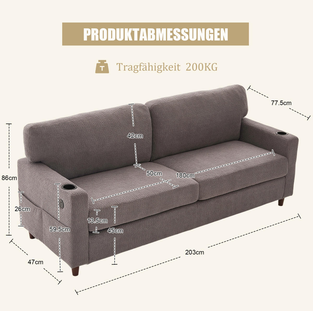 ZWEISITZER Sofa Chenille mit USB-Anschluss LED-Licht und Getränkehaltern 203/77,5/86 cm Hellgrau - Hellgrau, Textil (77.5/86/203cm) - Redom
