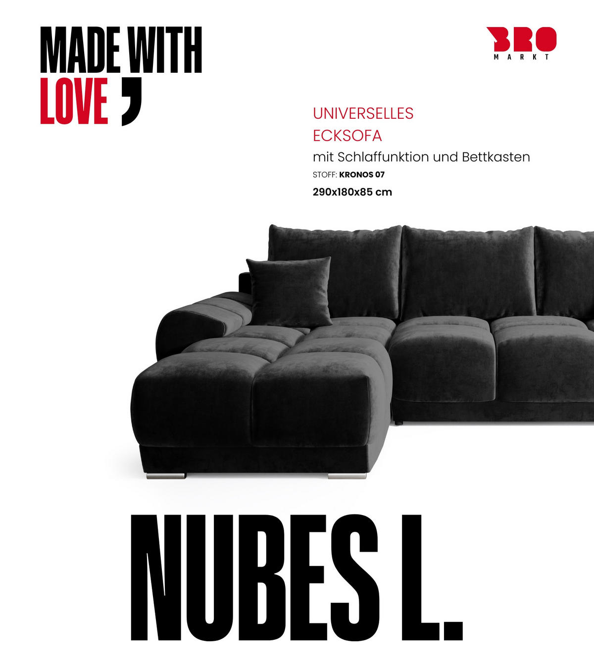 ECKSOFA Nubes mit Schlaffunktion Schwarz - Schwarz Hochglanz/Silberfarben, Kunststoff/Textil (290/180cm) - Bromarkt