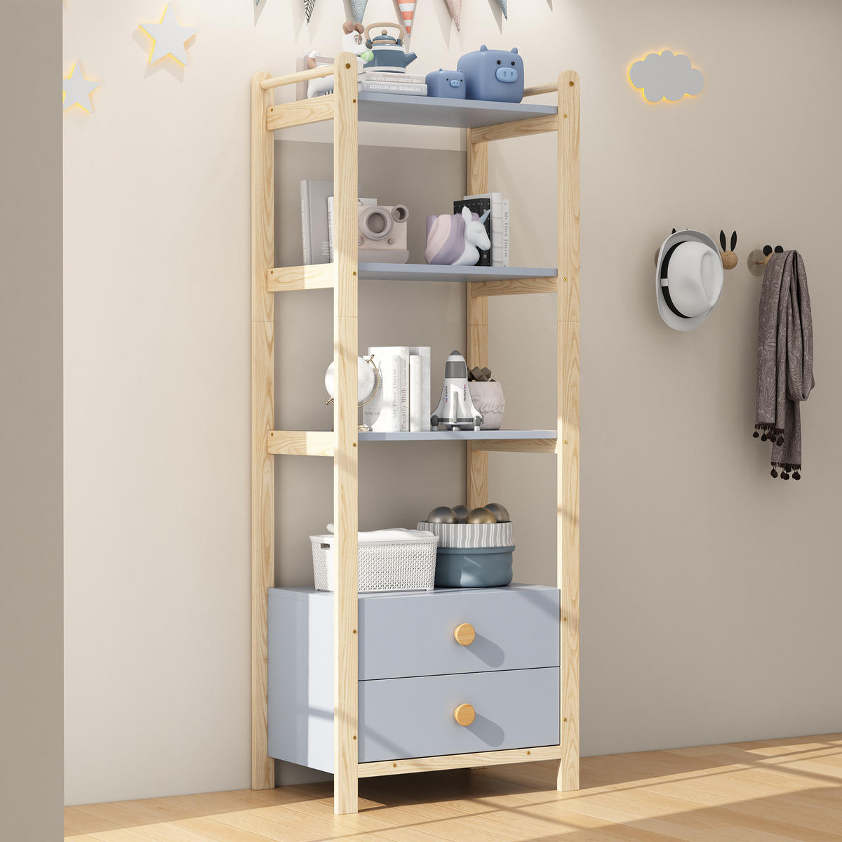 BÜCHERREGAL in Blau Standregal mit Schubladen für Wohnzimmer oder Bücherzimmer, B70/T44/H180cm - Blau/Naturfarben, Holz/Holzwerkstoff (70/180/44cm) - STILVORA