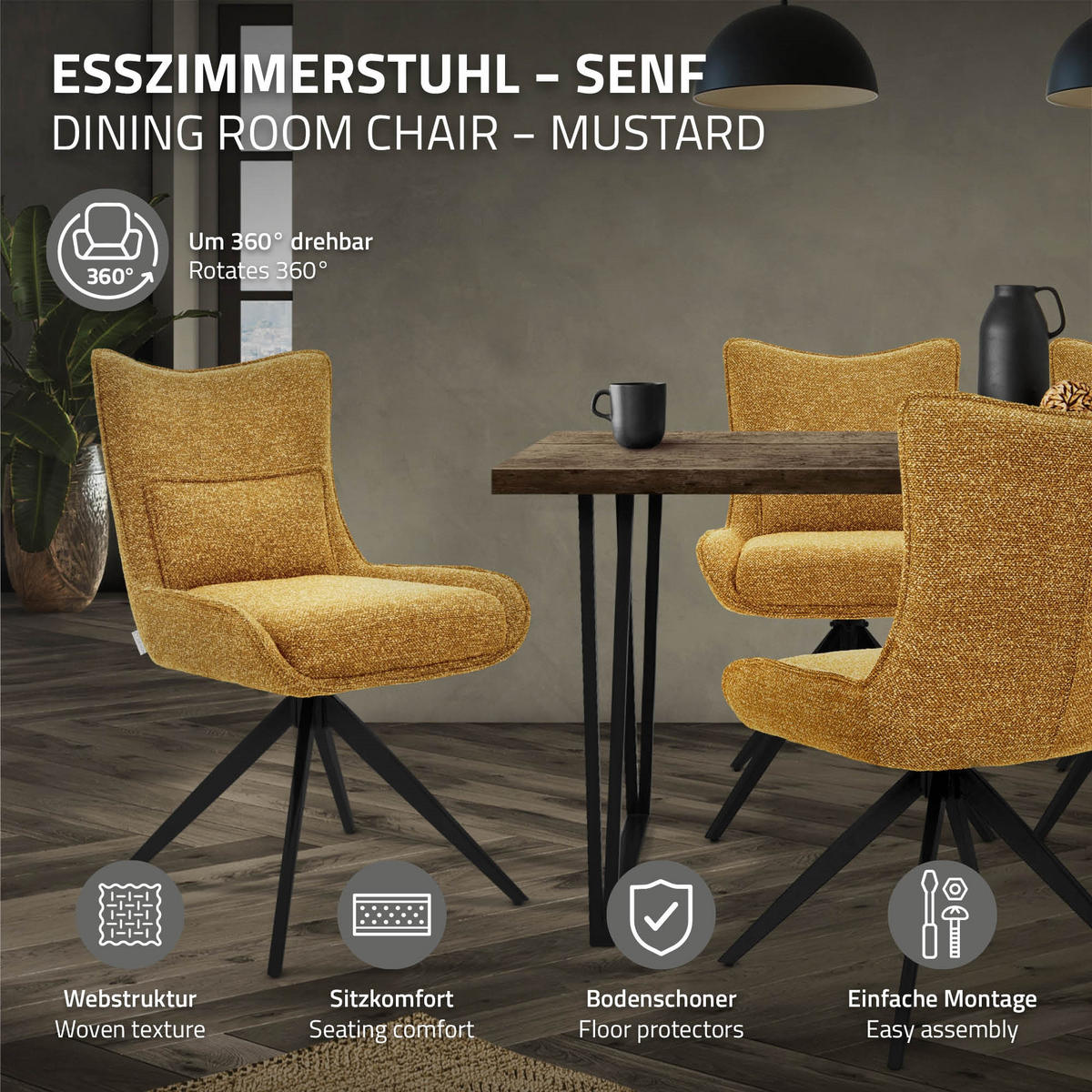 ESSZIMMERSTUHL drehbar Küchenstuhl gepolstert mit Webstoff-Bezug Senf - Dunkelgelb/Schwarz, Textil/Metall (54/90/64cm) - ML-DESIGN