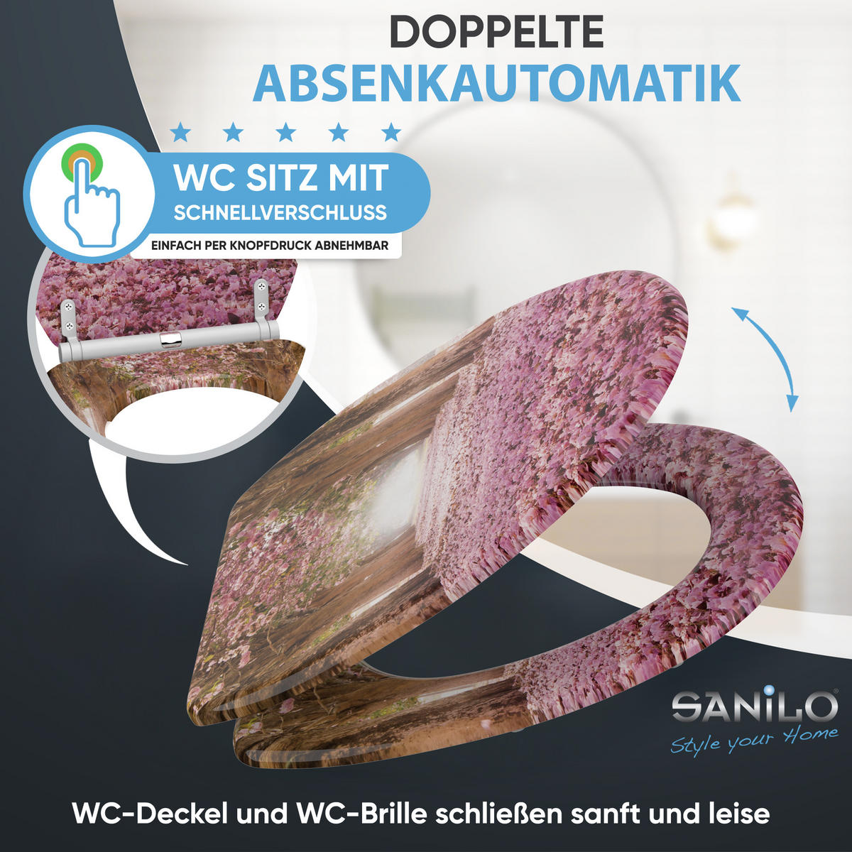 WC-SITZ mit Absenkautomatik & Top Fix Romantik - Pink, Holzwerkstoff (37.7/5.5/48cm) - Sanilo
